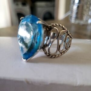 Gorgeous 16.00CT  Teardrop Glacier Blue Topaz SS Ring